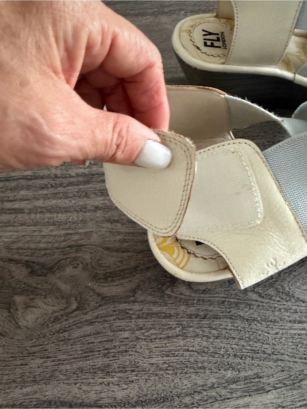Fly London Cream and Light Blue Crisscross Wedge Sandals - Picture 3 of 11